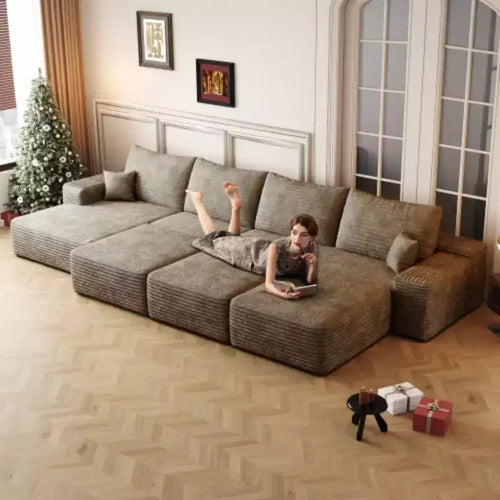 Canapé modulaire 6 places grand format, en duvet, pour appartement, salon, lit de repos, aucun assemblage requis, couleur Camel (tissu velours côtelé pelucheux)