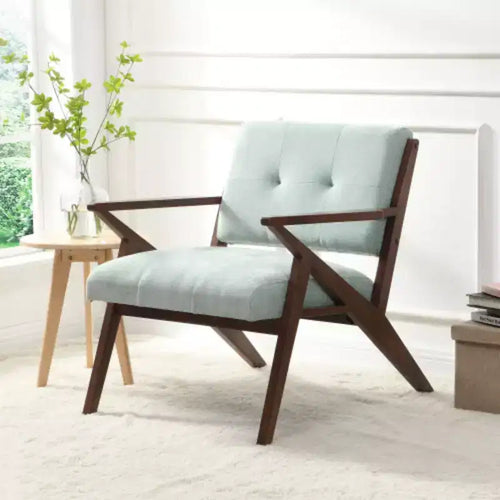 Chaise du milieu du siècle : Tissu peluche, accoudoirs inclinés, cadre en bois - Confortable pour le salon, la chambre, le bureau
