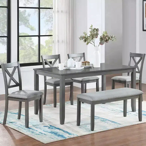 6-Piece Dining Set: Rectangular Wood Table, 4 Upholstered Chairs, Bench for Home Kitchen, Living Room, Bar