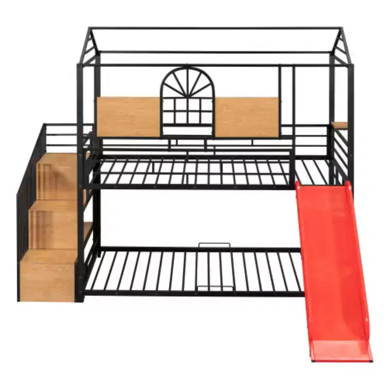 Lit superposé en métal une place sur une place, lit cabane en métal avec toboggan et escalier de rangement, noir avec toboggan rouge