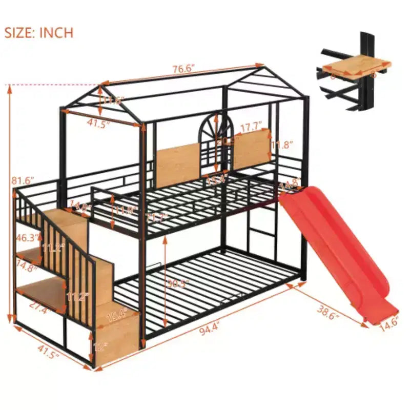 Lit superposé en métal une place sur une place, lit cabane en métal avec toboggan et escalier de rangement, noir avec toboggan rouge