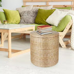 Pouf de Rangement Rond de 16 Pouces, Jacinthe d'Eau Tressée à la Main avec Couvercle Amovible, Doublure en Tissu, Capacité de 300 kg, Repose-Pieds, Table d'Appoint Multifonctionnel