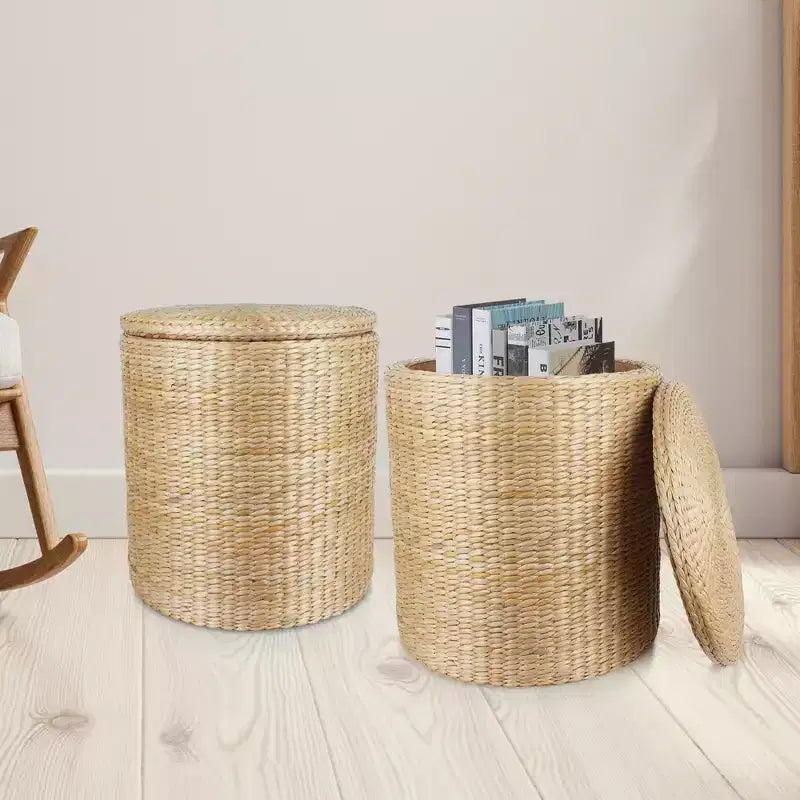 Pouf de Rangement Rond de 16 Pouces, Jacinthe d'Eau Tressée à la Main avec Couvercle Amovible, Doublure en Tissu, Capacité de 300 kg, Repose-Pieds, Table d'Appoint Multifonctionnel