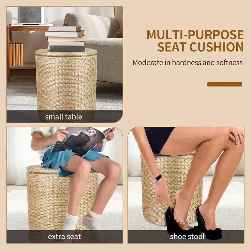 Pouf de Rangement Rond de 16 Pouces, Jacinthe d'Eau Tressée à la Main avec Couvercle Amovible, Doublure en Tissu, Capacité de 300 kg, Repose-Pieds, Table d'Appoint Multifonctionnel