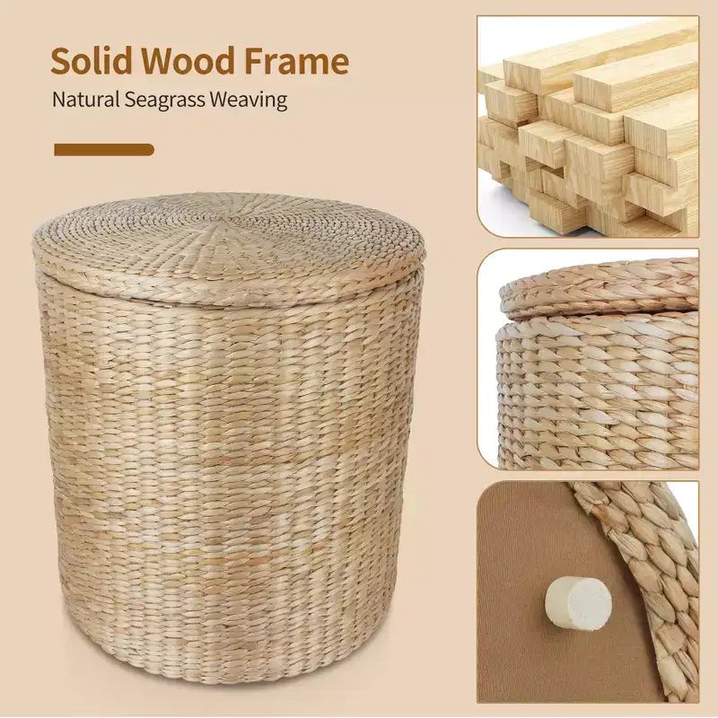 Pouf de Rangement Rond de 16 Pouces, Jacinthe d'Eau Tressée à la Main avec Couvercle Amovible, Doublure en Tissu, Capacité de 300 kg, Repose-Pieds, Table d'Appoint Multifonctionnel