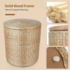 Pouf de Rangement Rond de 16 Pouces, Jacinthe d'Eau Tressée à la Main avec Couvercle Amovible, Doublure en Tissu, Capacité de 300 kg, Repose-Pieds, Table d'Appoint Multifonctionnel