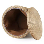 Pouf de Rangement Rond de 16 Pouces, Jacinthe d'Eau Tressée à la Main avec Couvercle Amovible, Doublure en Tissu, Capacité de 300 kg, Repose-Pieds, Table d'Appoint Multifonctionnel