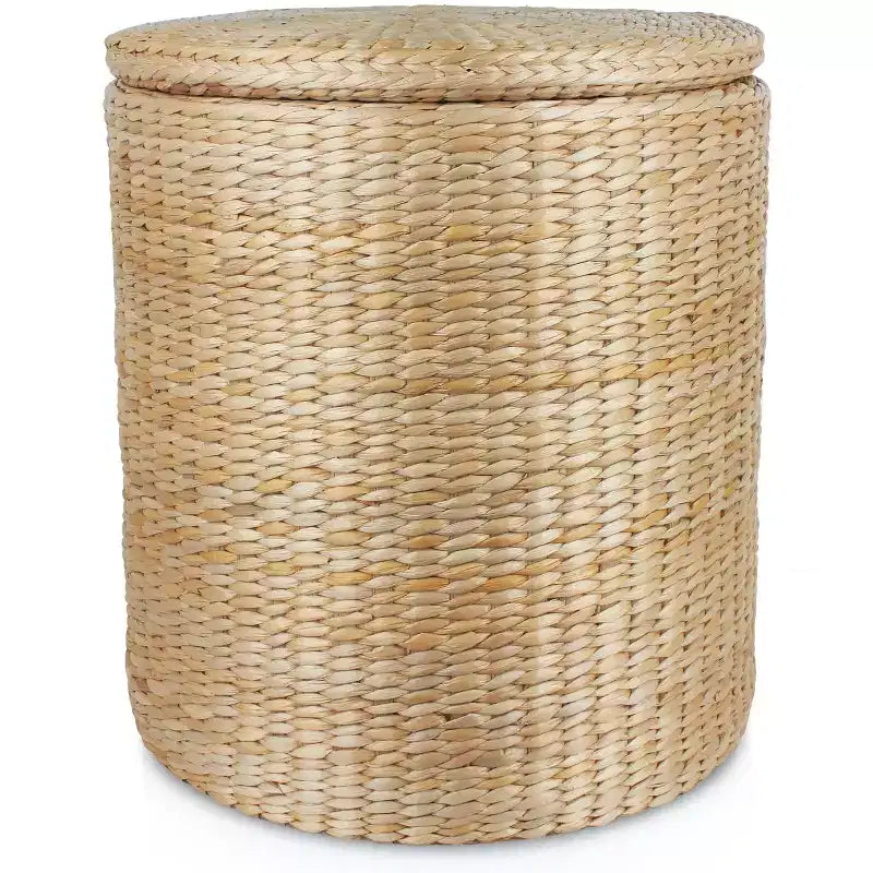 Pouf de Rangement Rond de 16 Pouces, Jacinthe d'Eau Tressée à la Main avec Couvercle Amovible, Doublure en Tissu, Capacité de 300 kg, Repose-Pieds, Table d'Appoint Multifonctionnel