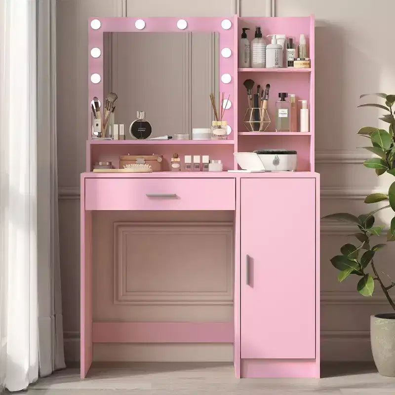 Modern Vanity Desk with Mirror & 3 Modes Light, Dressing Table with Drawer and Three Level Storage Cabinet, Pink - ModernLuxe