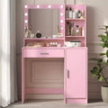 Modern Vanity Desk with Mirror & 3 Modes Light, Dressing Table with Drawer and Three Level Storage Cabinet, Pink - ModernLuxe