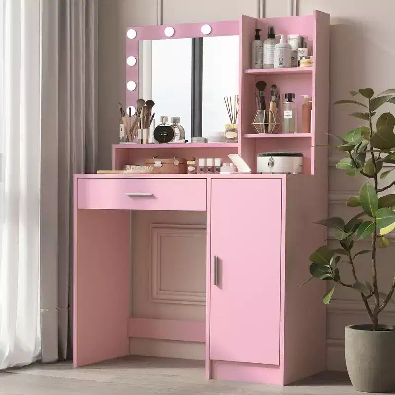 Coiffeuse moderne avec miroir et 3 modes d'éclairage, Table de maquillage avec tiroir et meuble de rangement à trois niveaux, Rose - ModernLuxe