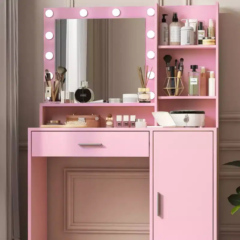 Coiffeuse moderne avec miroir et 3 modes d'éclairage, Table de maquillage avec tiroir et meuble de rangement à trois niveaux, Rose - ModernLuxe