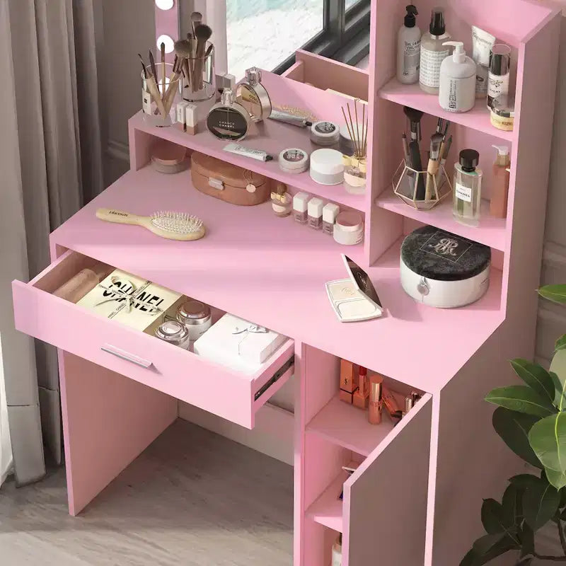 Coiffeuse moderne avec miroir et 3 modes d'éclairage, Table de maquillage avec tiroir et meuble de rangement à trois niveaux, Rose - ModernLuxe