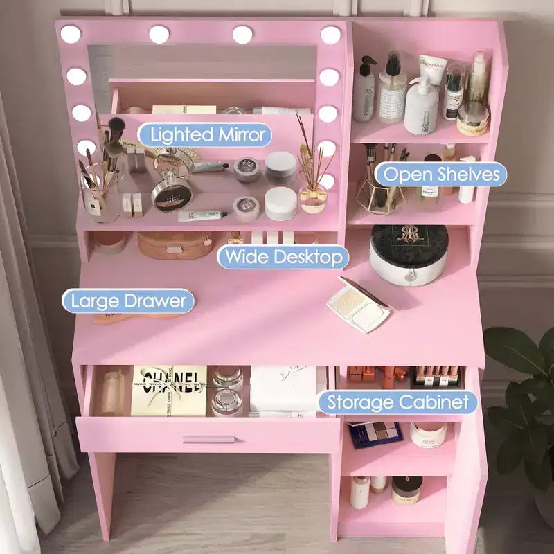 Coiffeuse moderne avec miroir et 3 modes d'éclairage, Table de maquillage avec tiroir et meuble de rangement à trois niveaux, Rose - ModernLuxe