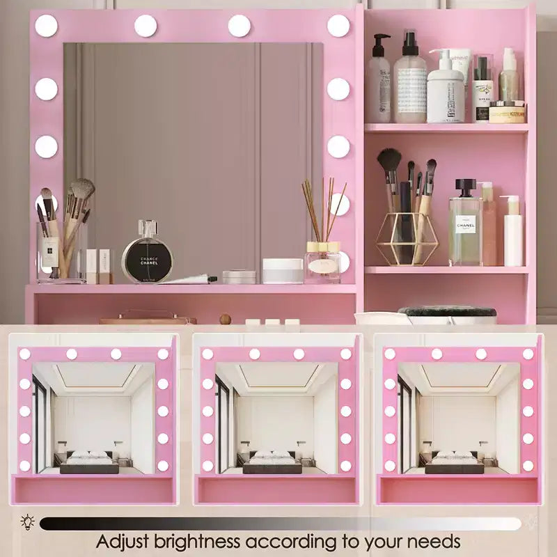 Coiffeuse moderne avec miroir et 3 modes d'éclairage, Table de maquillage avec tiroir et meuble de rangement à trois niveaux, Rose - ModernLuxe