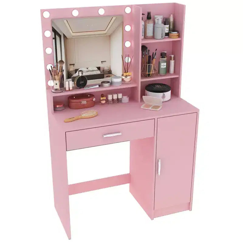 Coiffeuse moderne avec miroir et 3 modes d'éclairage, Table de maquillage avec tiroir et meuble de rangement à trois niveaux, Rose - ModernLuxe