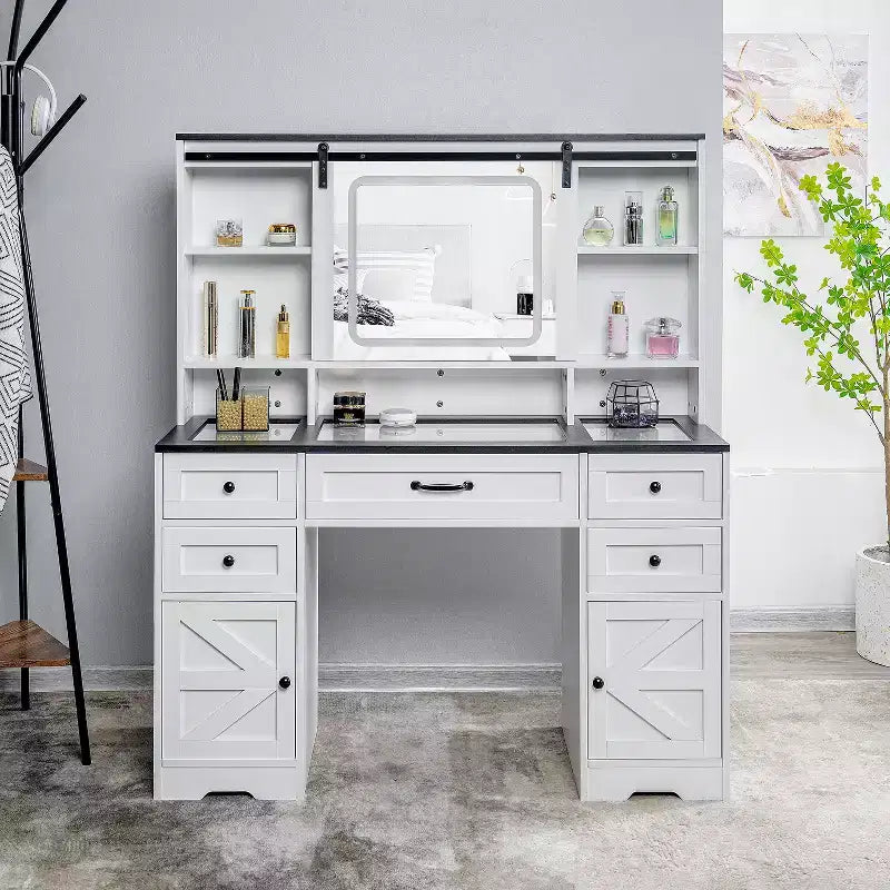 Home Imports Emporium Vanity Desk with Adjustable Sliding Mirror and Lights in White