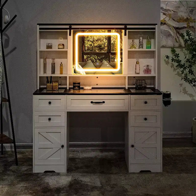 Coiffeuse Home Imports Emporium avec miroir coulissant réglable et lumières, blanche