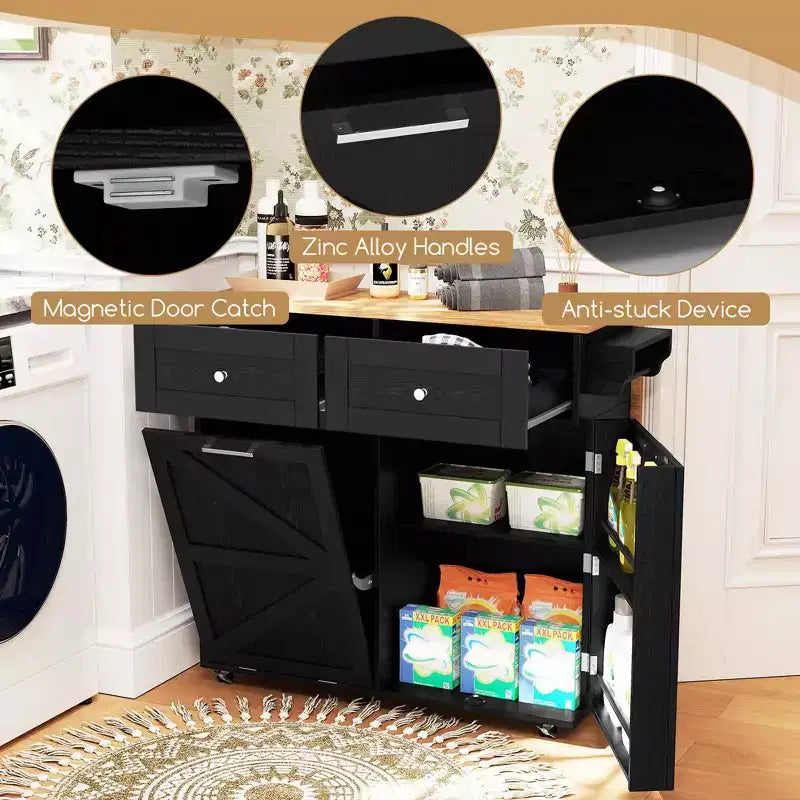 Desserte de cuisine roulante Costway, avec plateau abattant et armoire à poubelle, noir/blanc