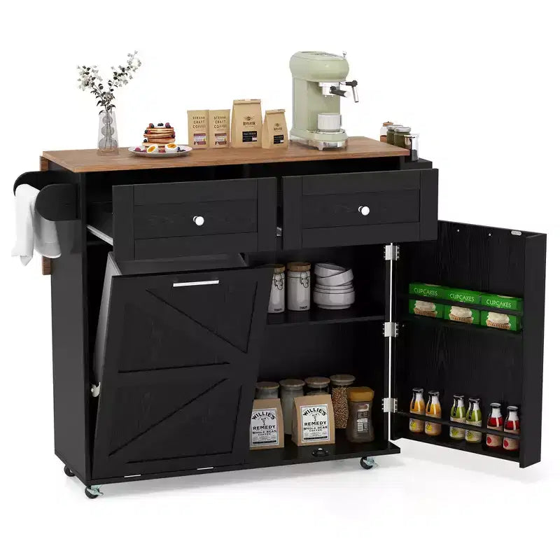 Costway Rolling Kitchen Island Kitchen Island Cart with Drop Leaf Trash Can Cabinet Black/White