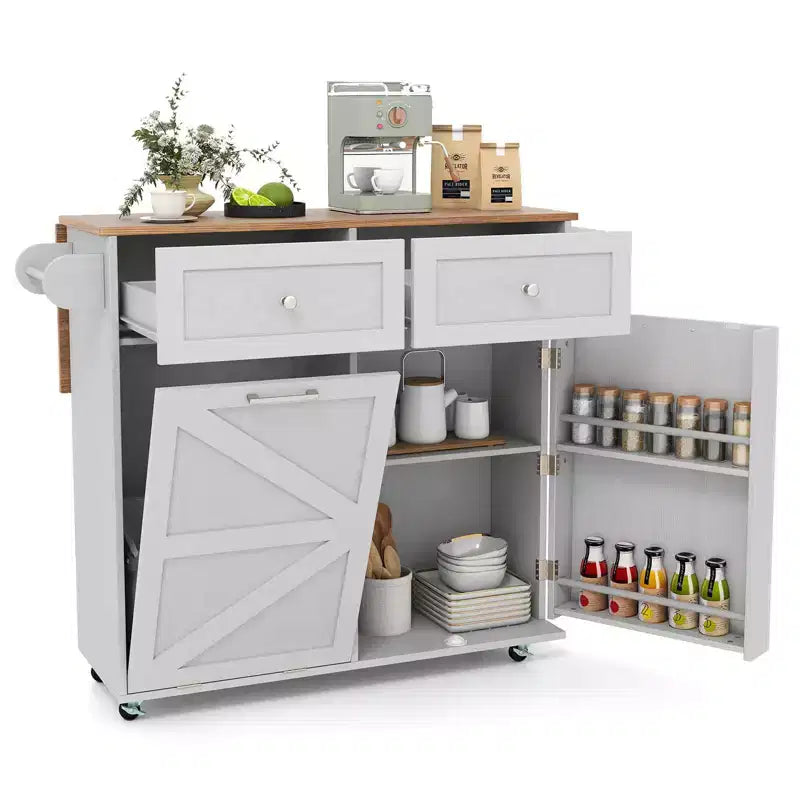 Desserte de cuisine roulante Costway, avec plateau abattant et armoire à poubelle, noir/blanc