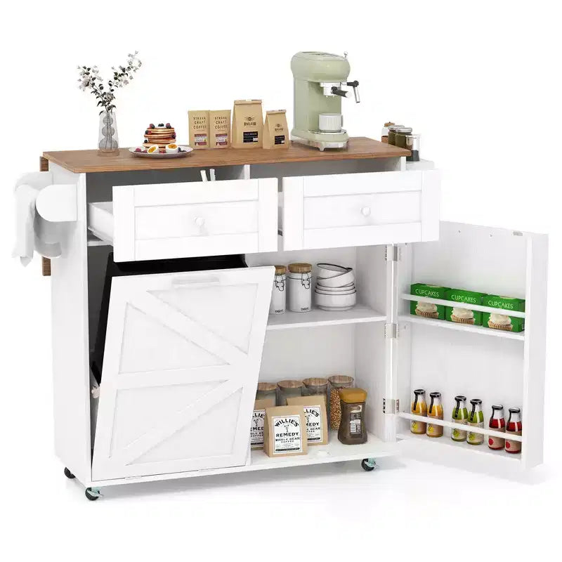 Desserte de cuisine roulante Costway, avec plateau abattant et armoire à poubelle, noir/blanc