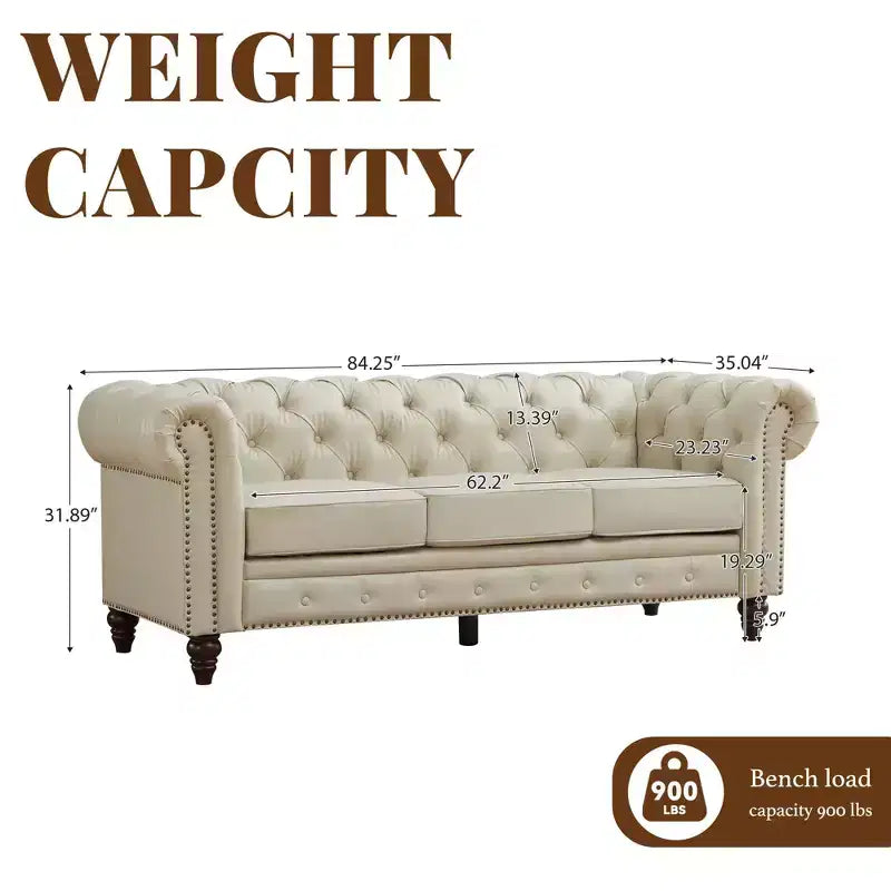 HYLEORY 84 Canapés Chesterfield en cuir pour salon, canapé 3 places à accoudoirs roulés, grand canapé avec boutons profonds et clous pour bureau et appartement