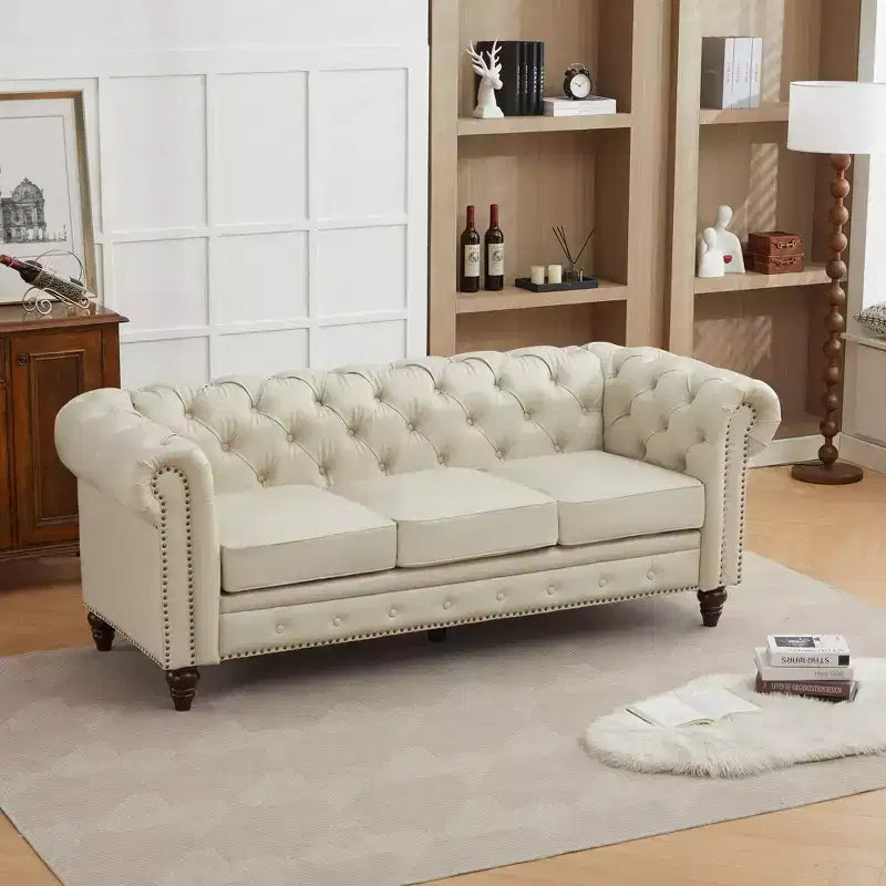 HYLEORY 84 Canapés Chesterfield en cuir pour salon, canapé 3 places à accoudoirs roulés, grand canapé avec boutons profonds et clous pour bureau et appartement