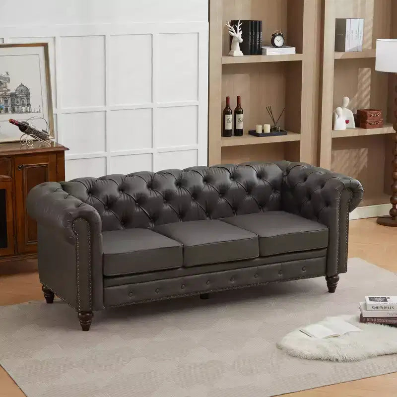 HYLEORY 84 Canapés Chesterfield en cuir pour salon, canapé 3 places à accoudoirs roulés, grand canapé avec boutons profonds et clous pour bureau et appartement