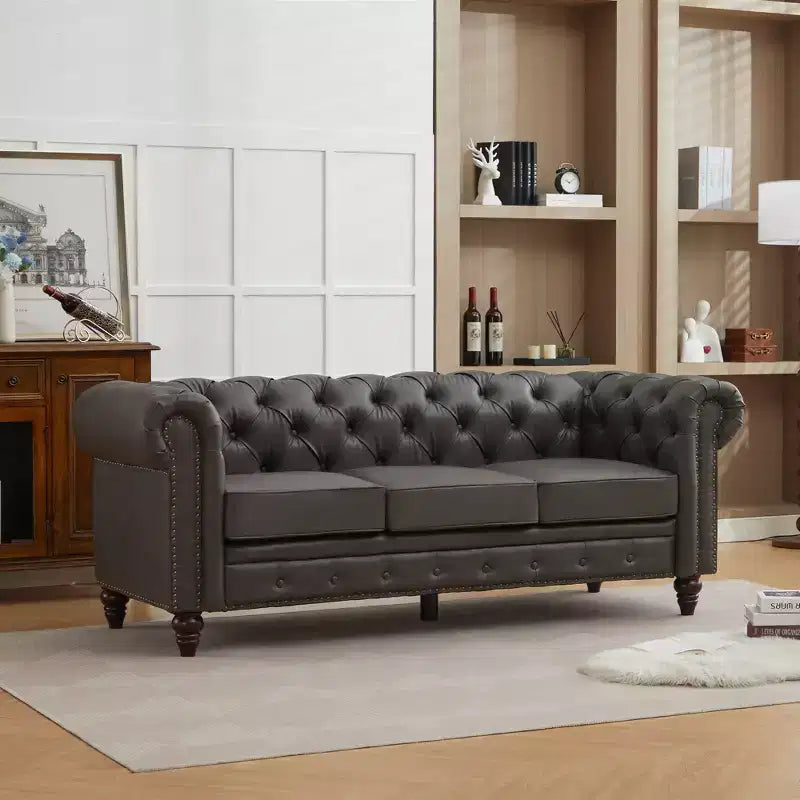 HYLEORY 84 Canapés Chesterfield en cuir pour salon, canapé 3 places à accoudoirs roulés, grand canapé avec boutons profonds et clous pour bureau et appartement