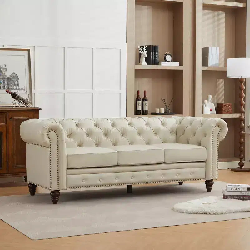 HYLEORY 84 Canapés Chesterfield en cuir pour salon, canapé 3 places à accoudoirs roulés, grand canapé avec boutons profonds et clous pour bureau et appartement