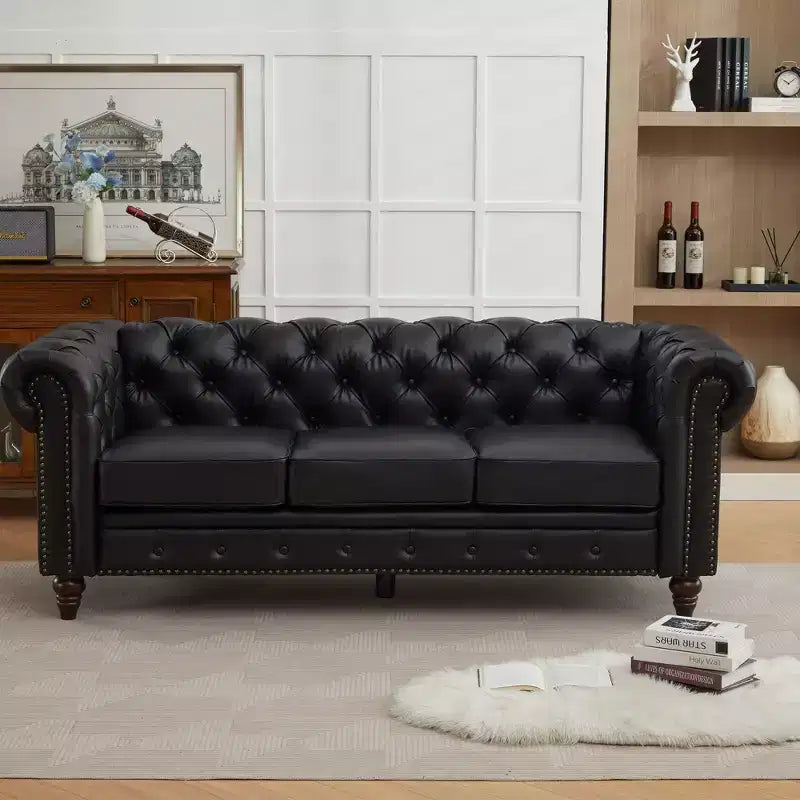 HYLEORY 84 Canapés Chesterfield en cuir pour salon, canapé 3 places à accoudoirs roulés, grand canapé avec boutons profonds et clous pour bureau et appartement