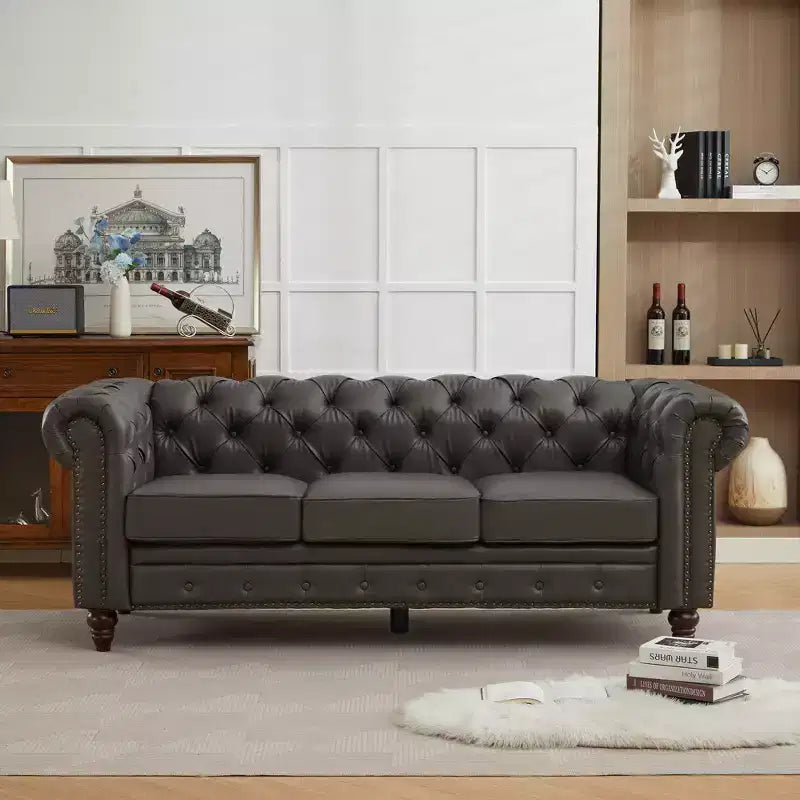 HYLEORY 84 Canapés Chesterfield en cuir pour salon, canapé 3 places à accoudoirs roulés, grand canapé avec boutons profonds et clous pour bureau et appartement