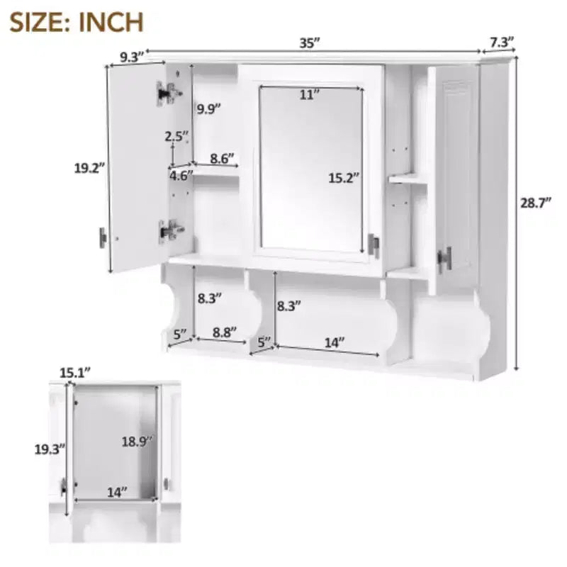 Armoire à pharmacie murale 35'' x 28'', Armoire murale de salle de bain moderne avec miroir, Armoire à miroir avec étagères ouvertes