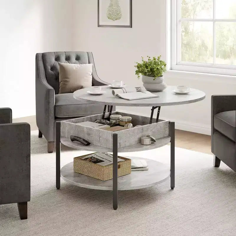 Table basse relevable Hausource avec compartiment caché et étagères de rangement