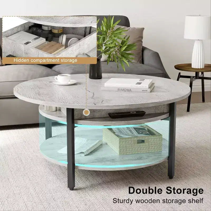 Table basse relevable Hausource avec compartiment caché et étagères de rangement