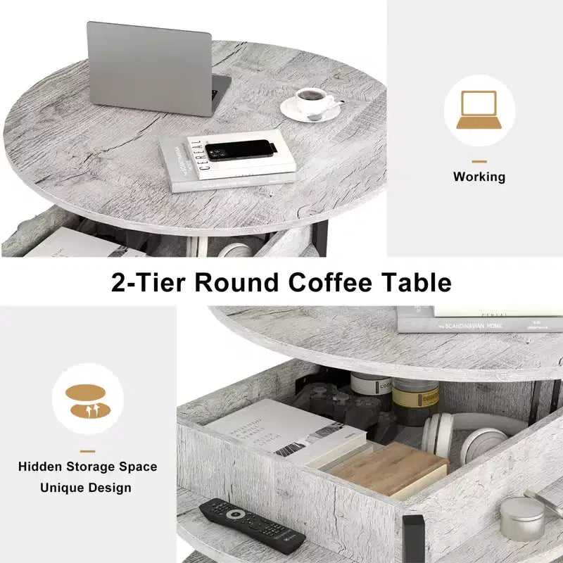 Table basse relevable Hausource avec compartiment caché et étagères de rangement
