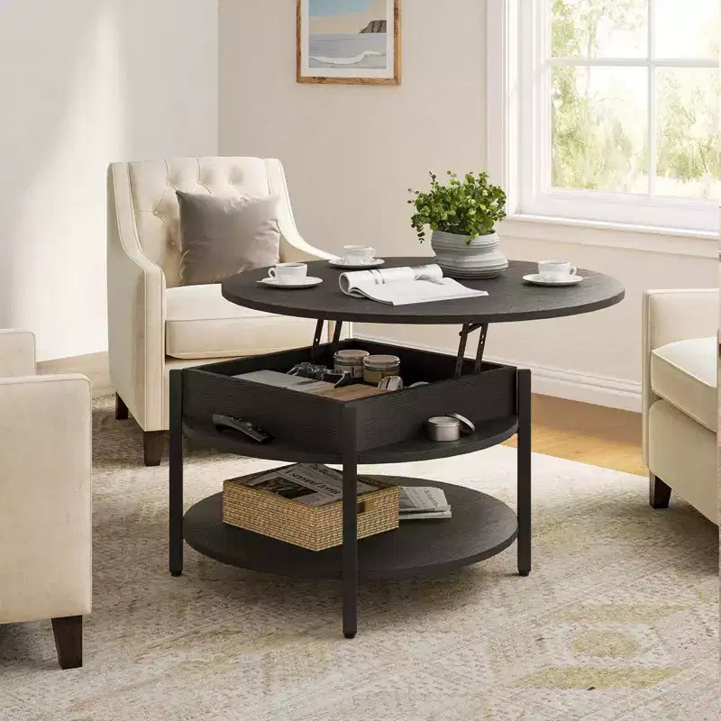 Table basse relevable Hausource avec compartiment caché et étagères de rangement