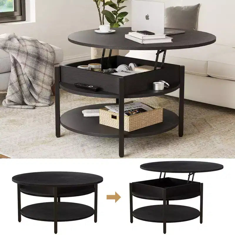 Table basse relevable Hausource avec compartiment caché et étagères de rangement