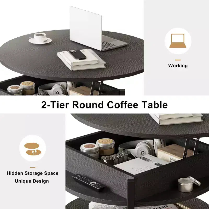 Table basse relevable Hausource avec compartiment caché et étagères de rangement