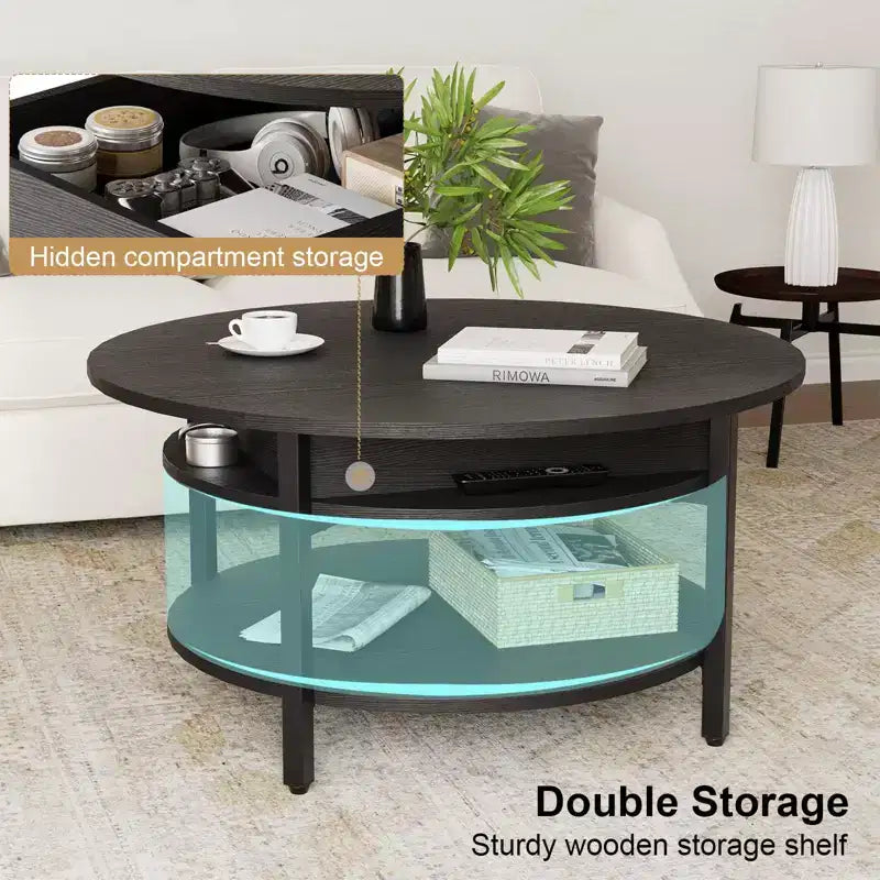 Table basse relevable Hausource avec compartiment caché et étagères de rangement