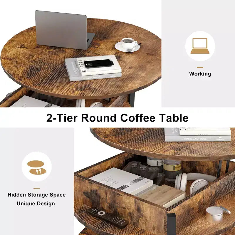 Table basse relevable Hausource avec compartiment caché et étagères de rangement