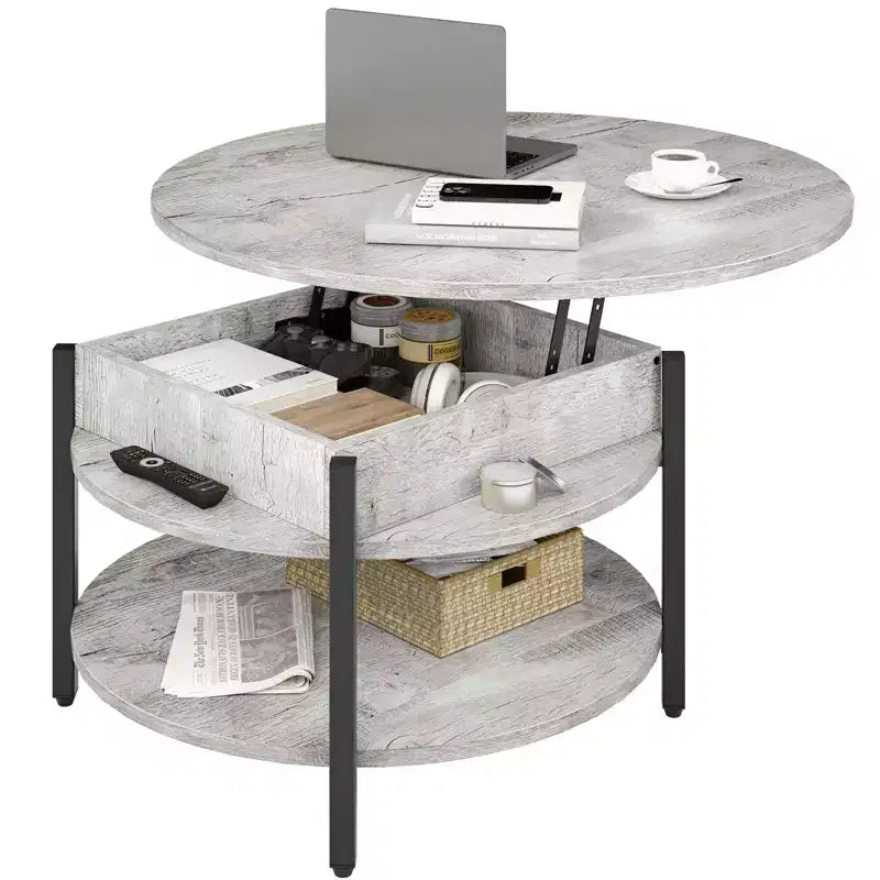 Table basse relevable Hausource avec compartiment caché et étagères de rangement