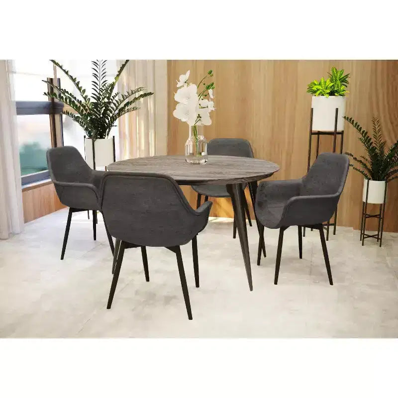 Table à manger ronde LeisureMod Ravenna de 47 pouces en bois, table de cuisine 4 personnes, pieds fuselés modernes en métal noir, parfaite pour les coins bistrot et les restaurants
