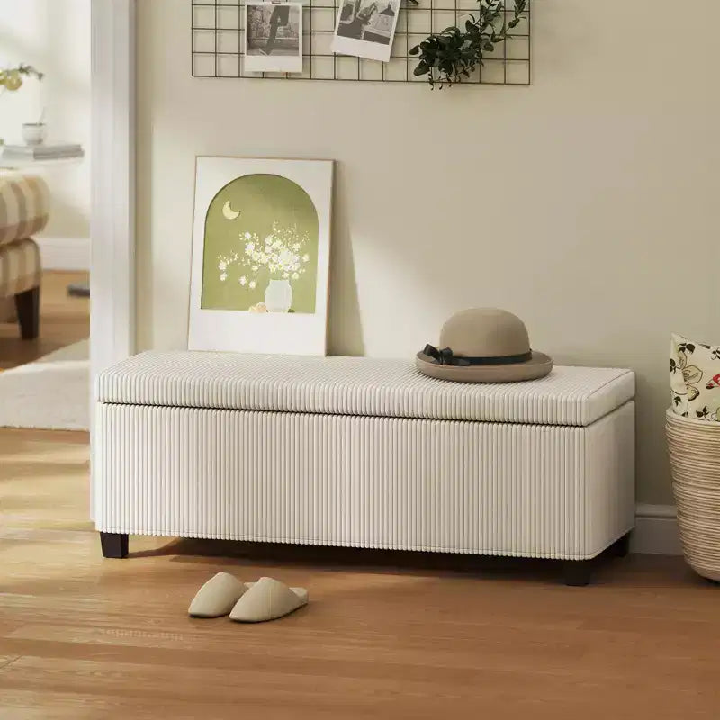 Banc de rangement HOMCOM 112 cm, ottoman de bout de lit en velours côtelé avec couvercle, pieds, coffre de rangement pour salon, chambre, entrée, beige