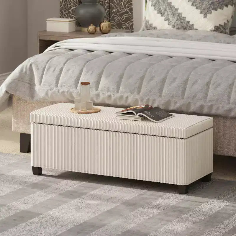 Banc de rangement HOMCOM 112 cm, ottoman de bout de lit en velours côtelé avec couvercle, pieds, coffre de rangement pour salon, chambre, entrée, beige