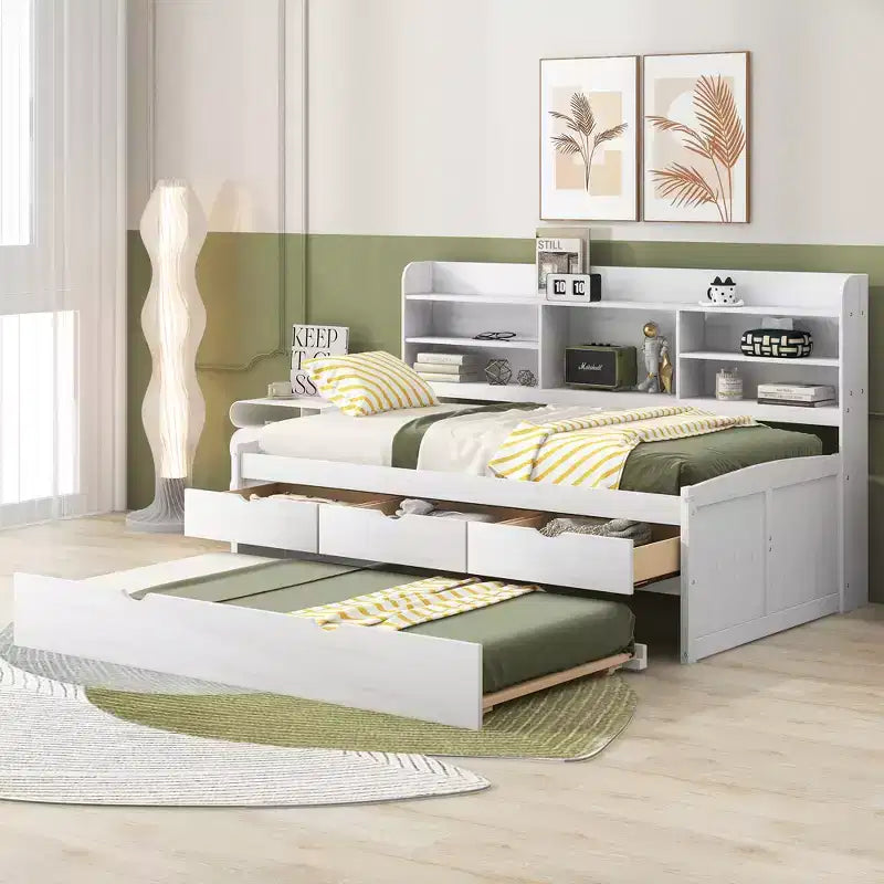 Twin/Full Size Wooden Captain Bed with Built-in Bookshelves,Three Storage Drawers and Trundle - ModernLuxe