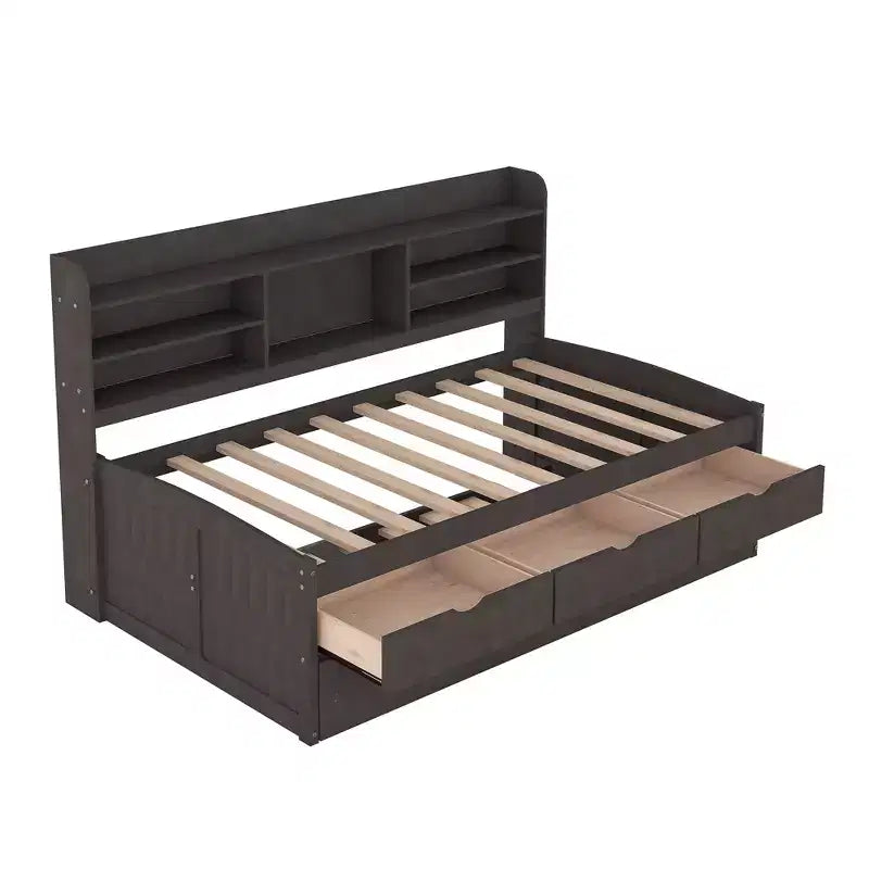Lit Capitaine en Bois, Taille Jumeau/Double avec Étagères Intégrées, Trois Tiroirs de Rangement et Lit Gigogne - ModernLuxe
