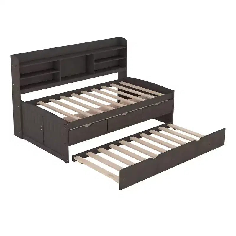 Lit Capitaine en Bois, Taille Jumeau/Double avec Étagères Intégrées, Trois Tiroirs de Rangement et Lit Gigogne - ModernLuxe
