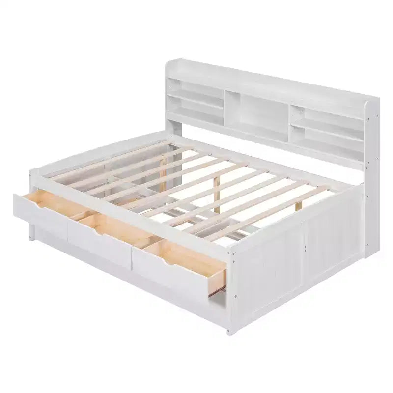 Lit Capitaine en Bois, Taille Jumeau/Double avec Étagères Intégrées, Trois Tiroirs de Rangement et Lit Gigogne - ModernLuxe